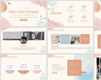May include: A presentation template with a watercolor background. The template is titled "Water-Color Template" and features a light pink and blue watercolor design. The template includes a welcome slide, a contents slide, and several slides with teaching objectives. The template is designed for modern aesthetic clean PowerPoint presentations.