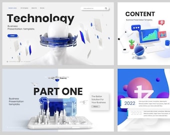 May include: A set of colourful slides for a business presentation. The slides feature a variety of graphics, including a 3D city, a laptop, and a globe. The slides also include text such as "Technology", "Part One", "We Were Always Thinking Global", "About Our Vision", "Be Supported", "Business Philosophy", "Special Presentation Modern", and "Content".