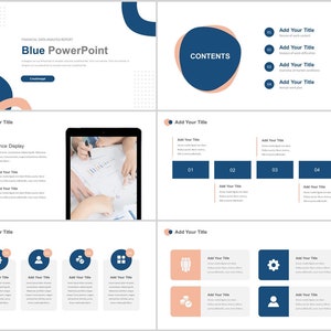 May include: A blue and pink PowerPoint presentation template with the title "Blue PowerPoint". The template includes a variety of slides with different layouts and graphics, including a slide with a performance display, a slide with a contents list, and a slide with a title slide.