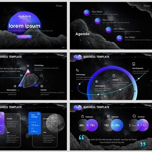 Puede incluir: Una plantilla de presentación de negocios con un tema espacial. Las diapositivas presentan un fondo oscuro con un cielo estrellado y asteroides. El texto en las diapositivas está en fuente blanca e incluye las palabras "2022", "lorem ipsum", "Nuestra Visión", "Agenda", "Plantilla de Negocios", "Tecnología", "Desarrollo", "Industria", "Innovación", "Nuestro Equipo", y "Nuestra Visión".
