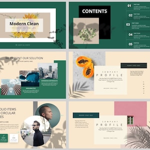 Può includere: Un modello di presentazione con uno schema di colori verde e beige. Il modello presenta una varietà di immagini, tra cui un girasole, una papaya, un paesaggio urbano e una catena montuosa. Il testo sulle diapositive include "Modern Clean", "We Present Our Solution", "Portfolio Items with 2 Circular Pictures", "Company Profile", "Customers Reviews", e "Hello! We are a multipurpose agency".