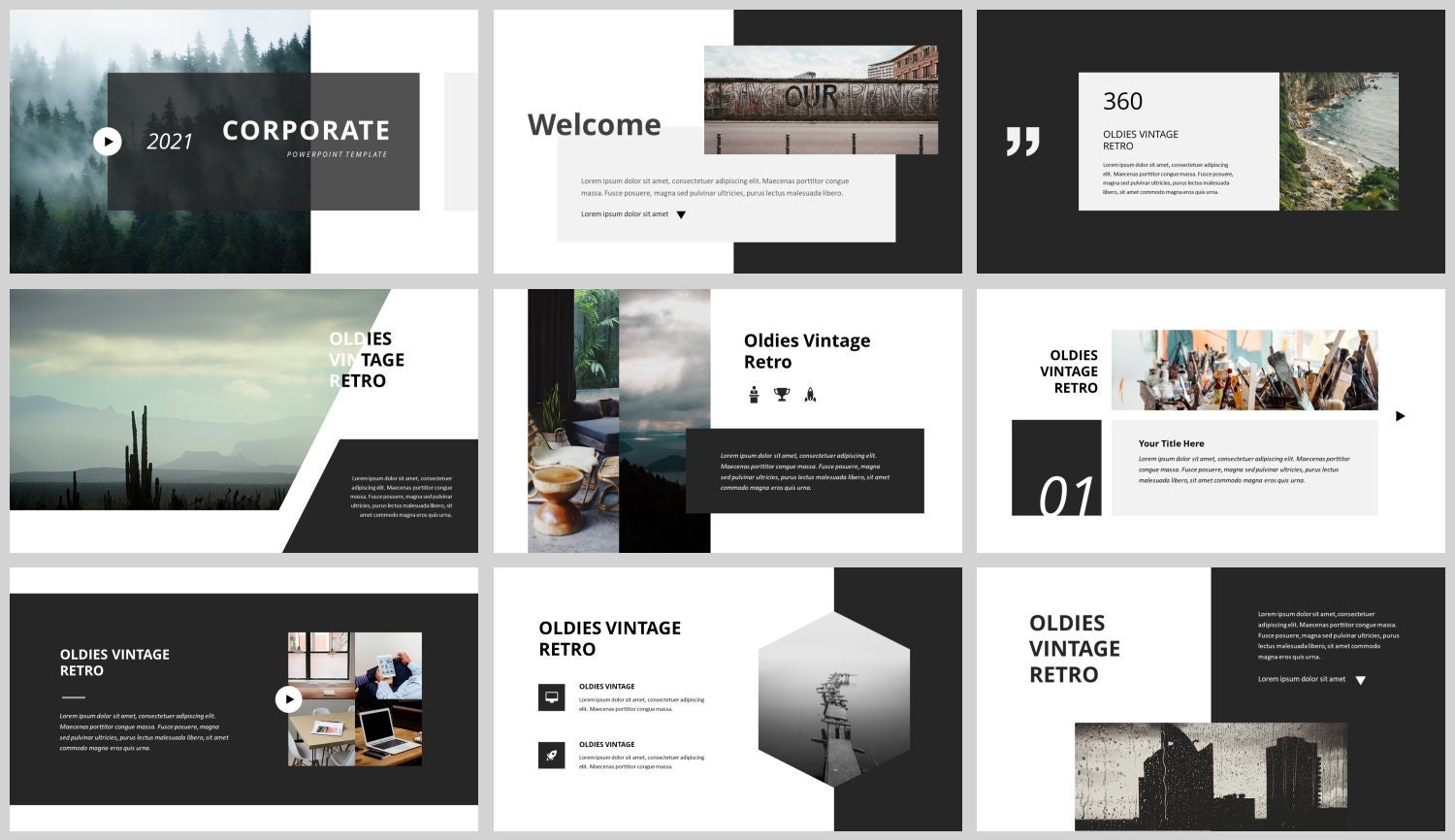 Modello di PowerPoint business in stile rivista minimale in bianco e nero