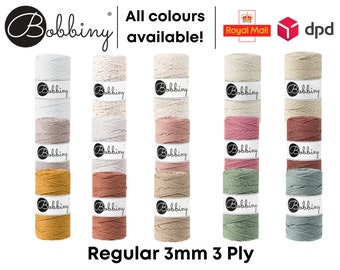 Bobbiny Regular 3mm 3 Ply Cord for Macramé, Crochet, Weaving, Knitting 100% Cotton Rope 100m