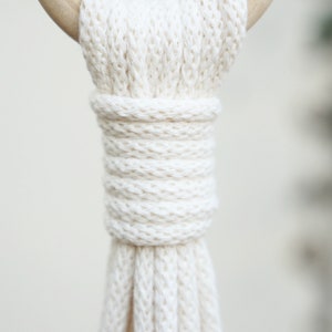 May include: Close-up of a white macrame plant hanger with a wooden ring at the top. The macrame is made with thick cotton cord and has a knot at the bottom.