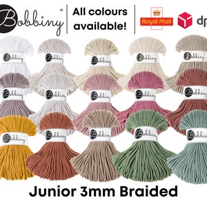 May include: A range of colours of 3mm braided cotton rope, labelled "Bobbiny Junior 3mm Braided".