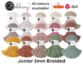 Bobbiny Junior 3mm Braided Cord for Macramé, Crochet, Weaving, Knitting 100% Cotton Rope 100m
