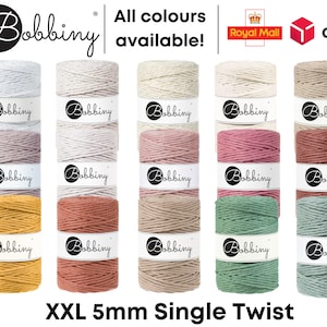 May include: Assortment of 5mm single twist cotton rope in various colours, including white, beige, pink, red, green, and blue. The rope is packaged in bundles and labelled with the brand name "Bobbiny".