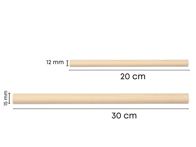 Puede incluir: Dos clavijas de madera, una que mide 12 mm de di&aacute;metro y 20 cm de largo, y la otra que mide 15 mm de di&aacute;metro y 30 cm de largo.