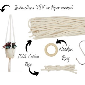 May include: A DIY macrame plant hanger kit with white cotton rope, a wooden ring, an S hook, and instructions. The kit includes everything you need to make a macrame plant hanger.