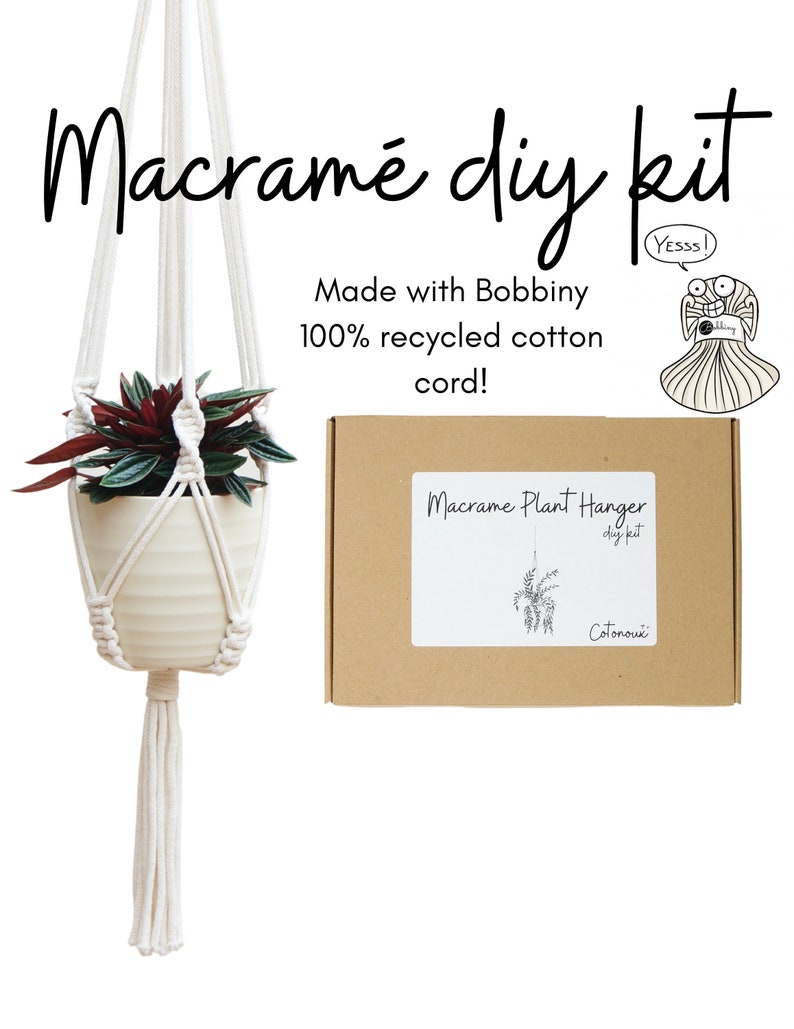 May include: A DIY macrame plant hanger kit made with 100% recycled cotton cord. The kit includes instructions and all the materials needed to create a macrame plant hanger. The kit is packaged in a brown box with a white label that says "Macrame Plant Hanger diy kit Cotonou".