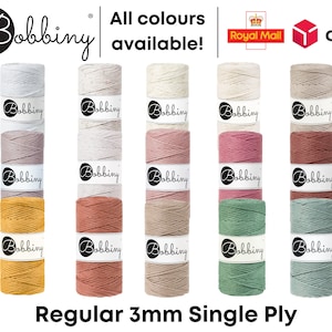 May include: Assortment of 3mm single ply cotton rope in various colours, including beige, pink, green, and brown. The rope is labelled "Bobbiny" and is available in all colours.