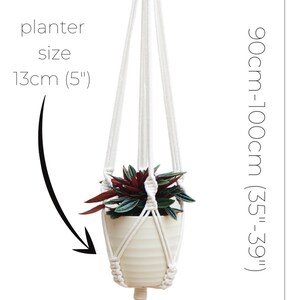 May include: White macrame plant hanger with a 5 inch planter and a 6 inch tassel. The hanger is 35 to 39 inches long.