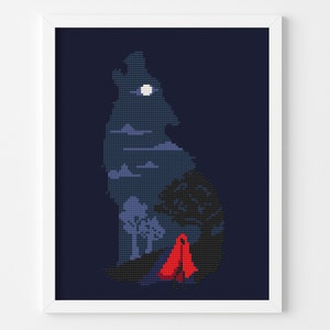 May include: A cross-stitch pattern of a wolf howling at the moon, with a red hooded figure standing in the forest below. The wolf is made up of a dark blue silhouette with a white moon in its mouth. The forest is made up of dark blue and black trees and a red hooded figure.