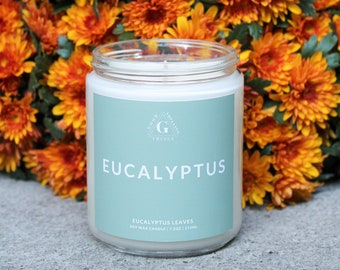 Bougie de cire de soja parfumée à l'eucalyptus | Feuilles d'eucalyptus | Détente | Décoration d'intérieur | Idée cadeau d'anniversaire | Bougie d'été
