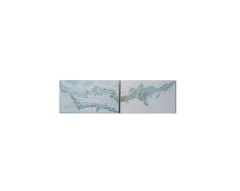 "CAPRICHOSO AZUL". Pareja de cuadros paisaje texturizado con sal 55x33 cm.