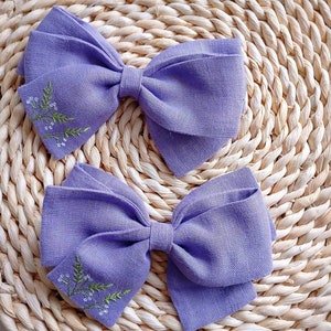 Embroidered hair bow, layered linen hair bow, b hair clip,  gift bow women hair clip, girl hair bow