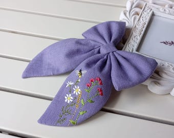 Linen hair bow, hair clip, embroidered hair bow, gift bow, wildflowers