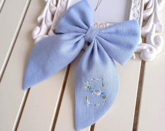 Monogramed Hair bow, custom letter linen hair bow, floral hair clip, flower letter,initial embroidered hair bow, gift bow, powder blue