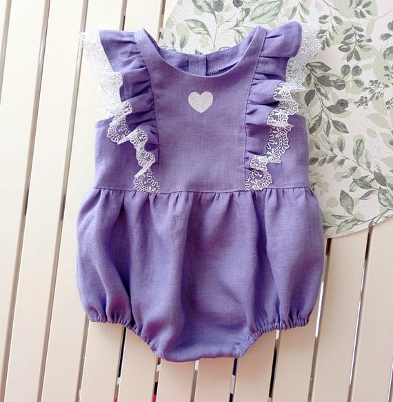 Heart Embroidered Romper, Baby Clothes, Baby Girl Linen Bubble