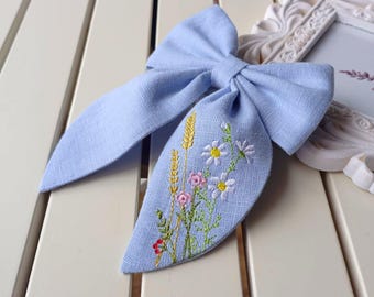 Hair bow, wildflower, linen hair bow, floral hair clip, meadow flower, embroidered hair bow, gift bow,sky blue