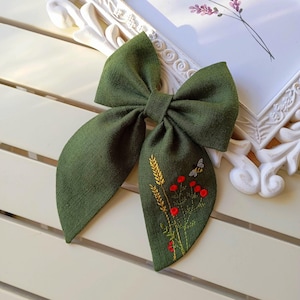Hair bow, wildflower, linen hair bow, floral hair clip, meadow flower, embroidered hair bow,gift bow