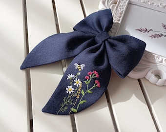 Linen hair bow, hair clip, embroidered hair bow, gift bow,