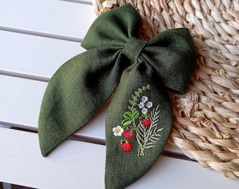 Strawberry embroidery hair bow, linen hair bow, hair clip,forest green hair bow, gift bow women hair clip, pine green