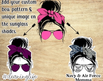 Personalized Messy Bun Hair Bow and Sunglasses Lens with Custom Text Vinyl Sticker