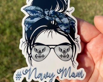 Messy Bun Style Military Mothers, Proud Support for Military Moms, Patriotic Mom's, Die Cut Weatherproof Sticker