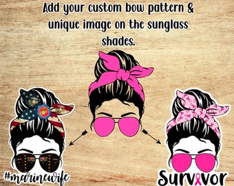 Larger Size Personalized Messy Bun Hair Bow and Sunglasses Lens with Custom Text Vinyl Sticker
