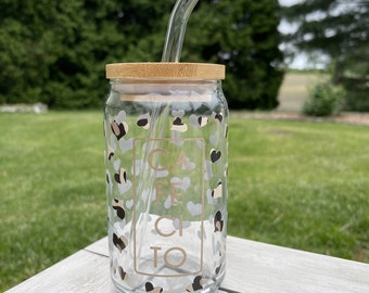 Cafecito, café glacé, boîte en verre imprimé léopard, verre Libby 16oz