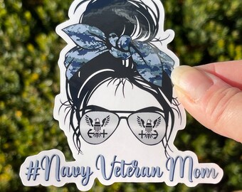 Messy Bun Veteran Mom, Military Veteran Mom Die Cut Decal, Weatherproof Sticker