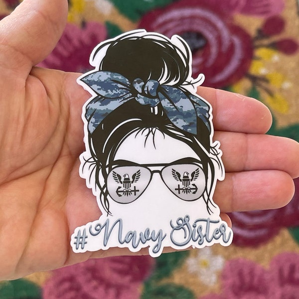 Messy Bun Navy Family Die Cut Sticker, Navy Sister, Navy Aunt, Navy Grandma, Navy Step Mom