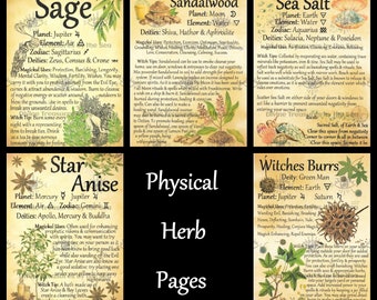 Physical Herb Pages - Sage - Sandalwood - Sea Salt - Star Anise- Witches Burrs