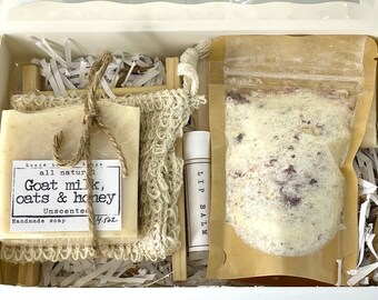 Fragrance free bath gift set, All natural bath box, Unscented goat milk soap, Self care package, Organic spa set, Mothers day gift