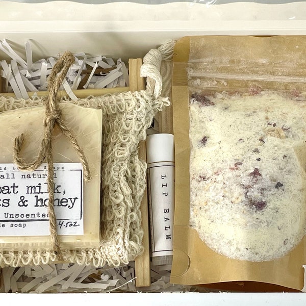 Fragrance free bath gift set, All natural bath box, Unscented goat milk soap, Self care package, Organic spa set, Mothers day gift