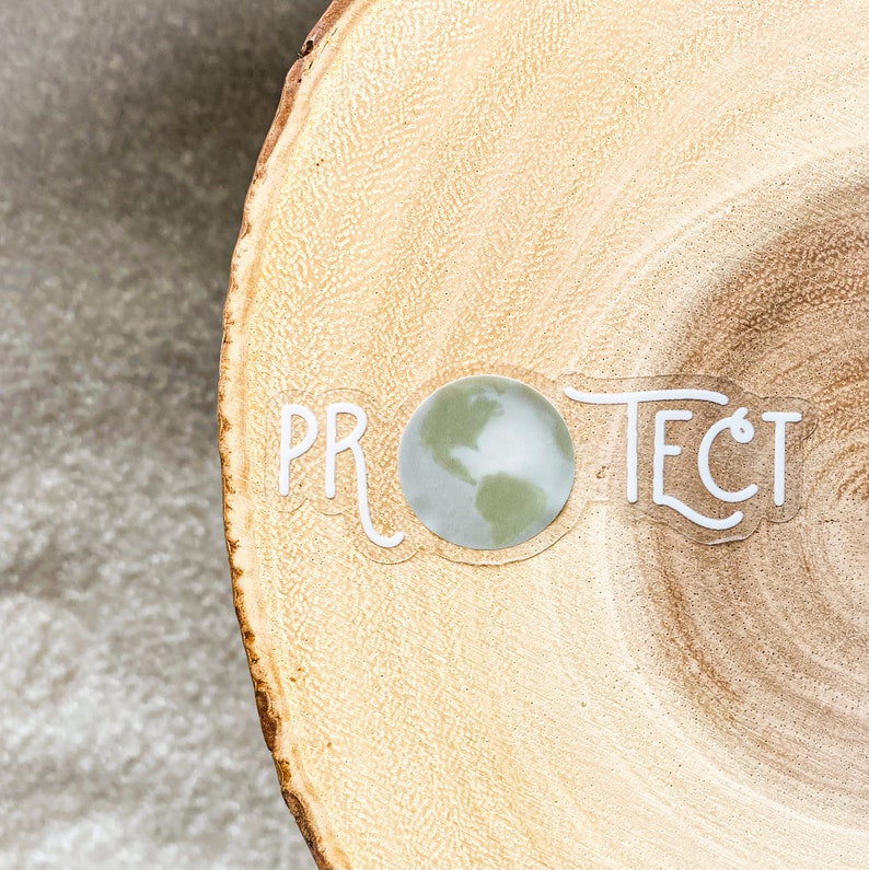 May include: A white sticker with the word "PROTECT" in a stylized font with a green and white globe in the center of the word. The sticker is on a light brown wooden surface.