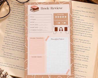 Könnte beinhalten: Ein rechteckiger Buchbewertungs-Notizblock in Beige- und Brauntönen. Die Kopfzeile zeigt Book Review mit einem Symbol für gestapelte Bücher. Die Abschnitte umfassen Titel, Autor, Genre, Startdatum, Enddatum, Seitenzahl, Gesamtbewertung, Empfehlung, Lieblingscharaktere, Lieblingszitate und Gedanken/Notizen mit einem Raster.
