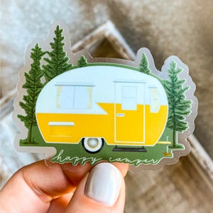 Pegatina de vinilo transparente "Happy Camper" / Pegatina de camping / Amante de los viajes / Impermeable, apto para lavavajillas, duradero