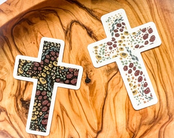 Autocollants clairs de croix florale | Autocollant chrétien | Autocollant de Pâques | Jolie croix | Bouteille d'eau | Imperméable, passe au lave-vaisselle, durable