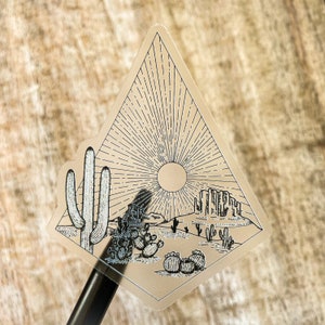 Autocollant transparent en vinyle du désert | Cactus | Paysage désertique | Imperméable, lavable au lave-vaisselle, durable | autocollant bouteille d'eau | Sticker pour ordinateur portable