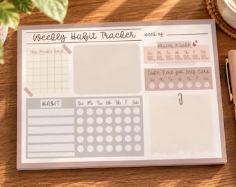 May include: A rectangular weekly habit tracker notepad with a mauve border. The page features sections for This Week's Goal, Water Intake, Take Time for Self Care, and a habit grid with days of the week labelled Su, M, Tu, W, Th, F, Sa.