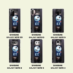 May include: Six different phone cases featuring a black and white VHS tape design with a scene from the movie E.T. The Extra-Terrestrial. The cases are for Samsung Galaxy Note 20, Note 10, Note 9, Note 8, Note 5, and Note 4.