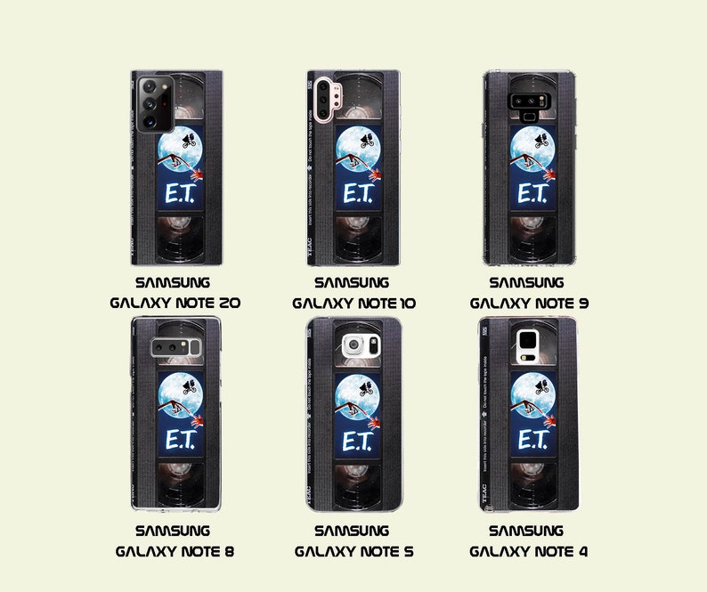 May include: Six different phone cases featuring a black and white VHS tape design with a scene from the movie E.T. The Extra-Terrestrial. The cases are for Samsung Galaxy Note 20, Note 10, Note 9, Note 8, Note 5, and Note 4.