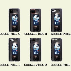 May include: A set of phone cases featuring a black and white image of a VHS tape with the movie title "E.T." and a scene from the movie. The cases are designed for Google Pixel phones, including the Pixel 3, Pixel 3A, Pixel 4, Pixel 5, and Pixel 2.