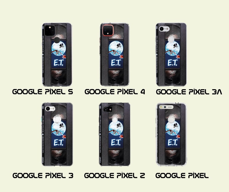 May include: A set of phone cases featuring a black and white image of a VHS tape with the movie title "E.T." and a scene from the movie. The cases are designed for Google Pixel phones, including the Pixel 3, Pixel 3A, Pixel 4, Pixel 5, and Pixel 2.
