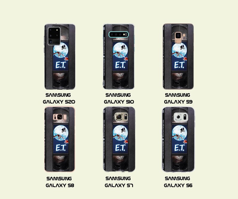 May include: Six different phone cases featuring a vintage VHS tape design with a scene from the movie E.T. The Extra-Terrestrial. The cases are for Samsung Galaxy S20, S10, S9, S8, S7, and S6.