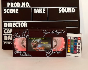 vhs light, vhs lamp, vhs tapes, signed script, retro vhs lamp, vhs tape lamp, vhs, vhs tape light, tv and film, horror movie vhs tapes