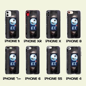 May include: A set of phone cases featuring a vintage VHS tape design with the movie title "E.T." and a scene from the movie. The cases are available for iPhone 11, iPhone XR, iPhone X, iPhone 8, iPhone 7+, iPhone 6, iPhone 5S, and iPhone 4.