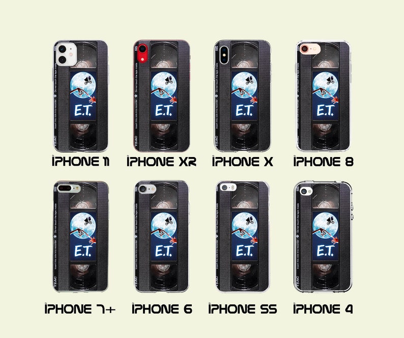 May include: A set of phone cases featuring a vintage VHS tape design with the movie title "E.T." and a scene from the movie. The cases are available for iPhone 11, iPhone XR, iPhone X, iPhone 8, iPhone 7+, iPhone 6, iPhone 5S, and iPhone 4.
